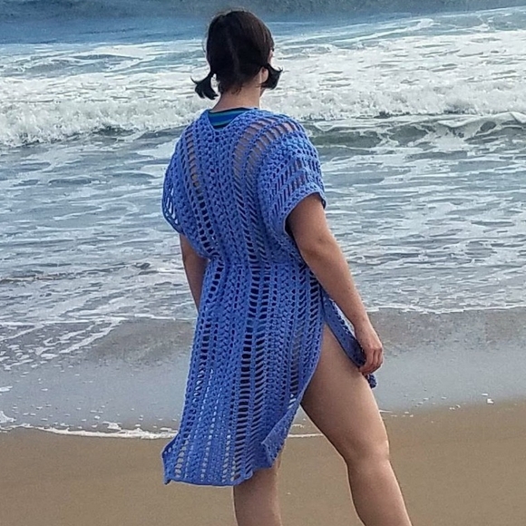 Hand Crafted Blue Cotton Crochet Beach Swimwear Coverup, Size M/L - Picture 2 of 6